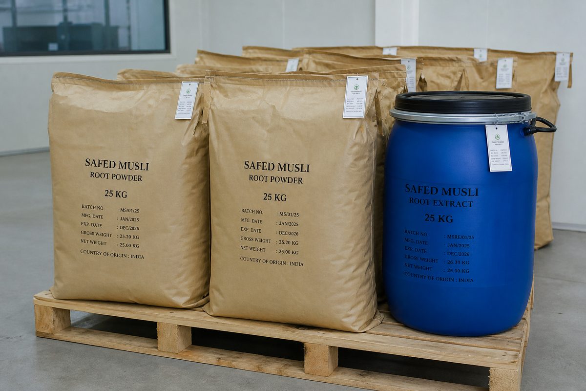25 kg food-grade bags of safed musli root powder and a 25 kg HDPE extract drum ready for export