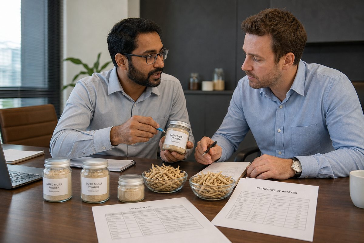 International buyer reviewing India safed musli powder samples, COA specs, and dated FOB terms with a merchant exporter