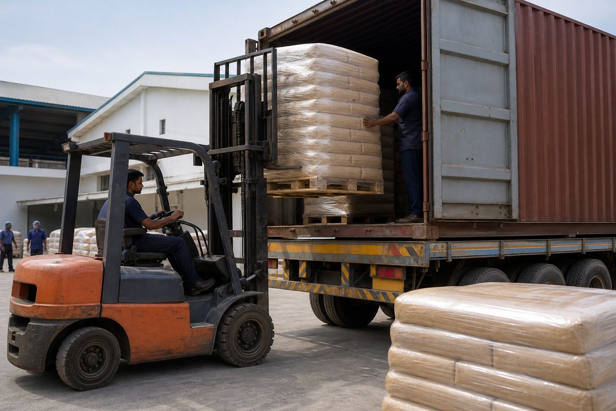 Forklift loading palletized India safed musli powder onto a truck for Mundra or Nhava Sheva port haul