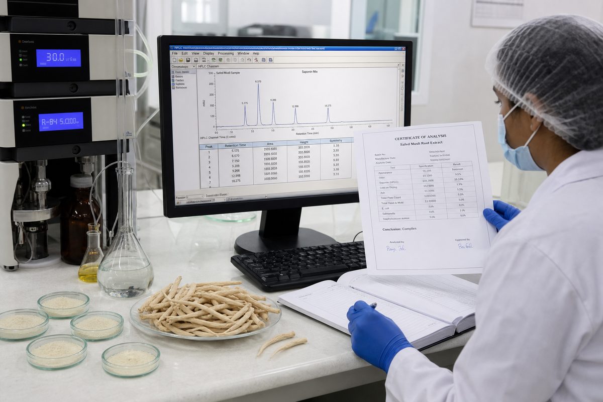 Laboratory Certificate of Analysis and HPLC review for India safed musli powder saponins, moisture, micro, and markers