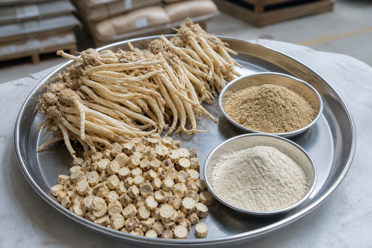 Dried India safed musli root, cut root, root powder, and fine extract powder on an export inspection tray