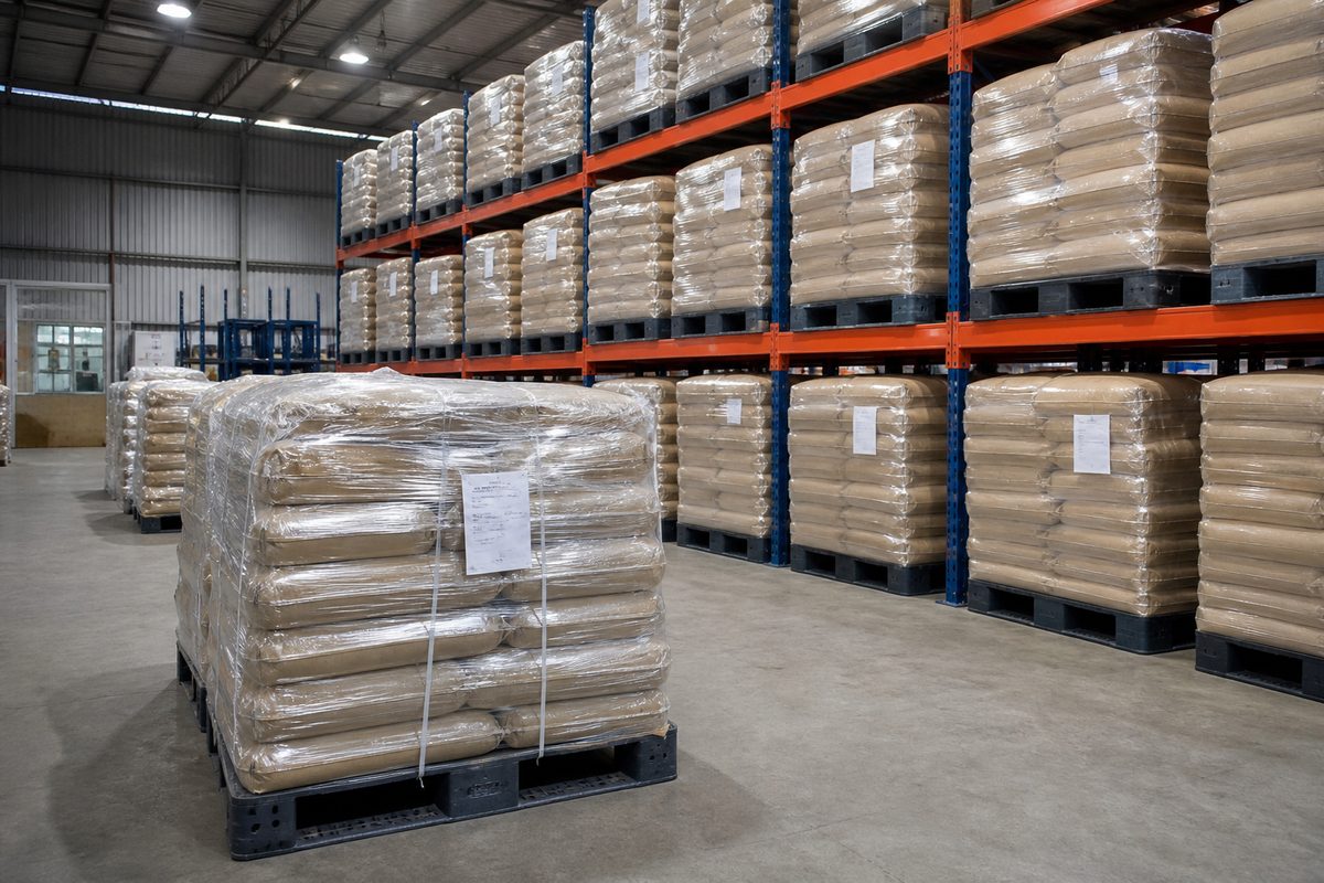 Palletized bags of India safed musli powder staged on dry warehouse racks before port dispatch