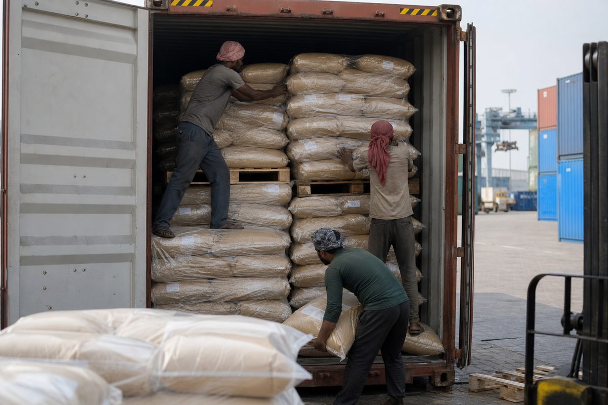 Moisture-protected stuffing of Indian shatavari powder bags into a 20-foot export shipping container