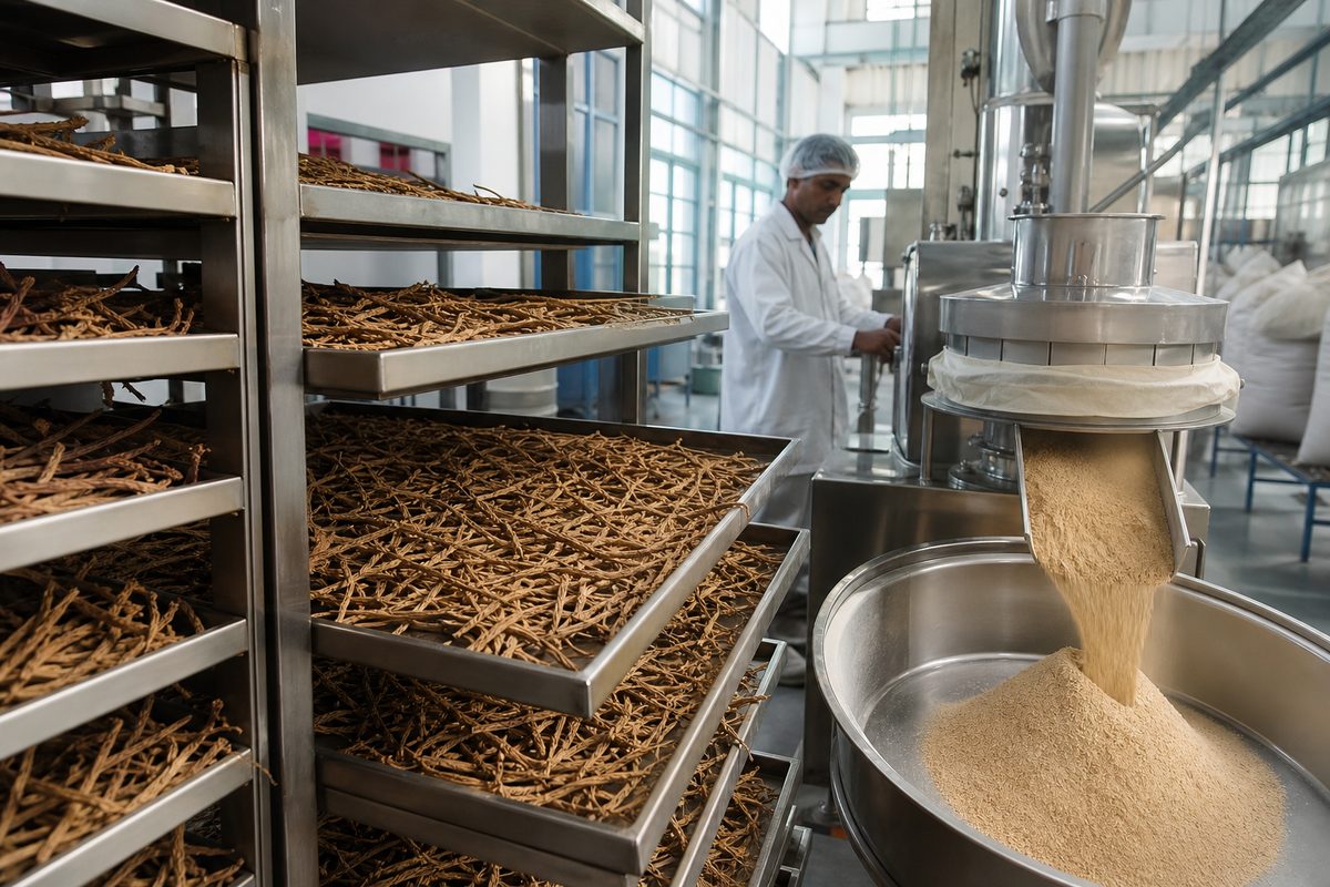 Shatavari root drying trays and milling line in a Neemuch-region export processing plant
