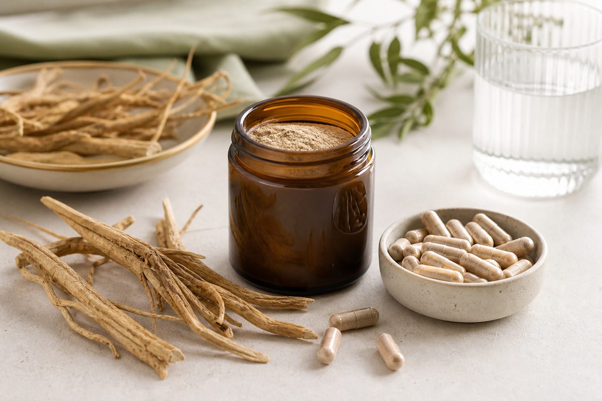 Shatavari root powder jar, capsules, and dried root for women's-wellness and private-label nutrition applications