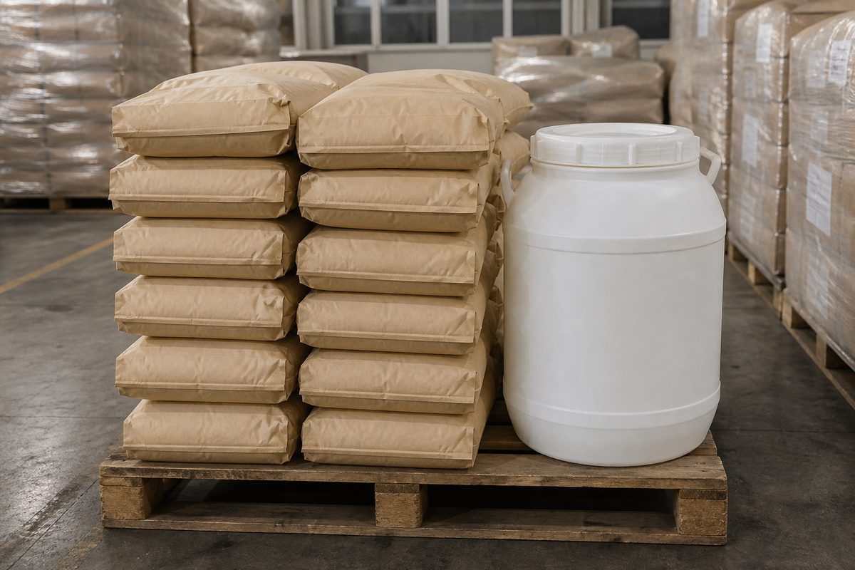 25 kg food-grade bags of shatavari root powder and a 25 kg HDPE extract drum ready for export