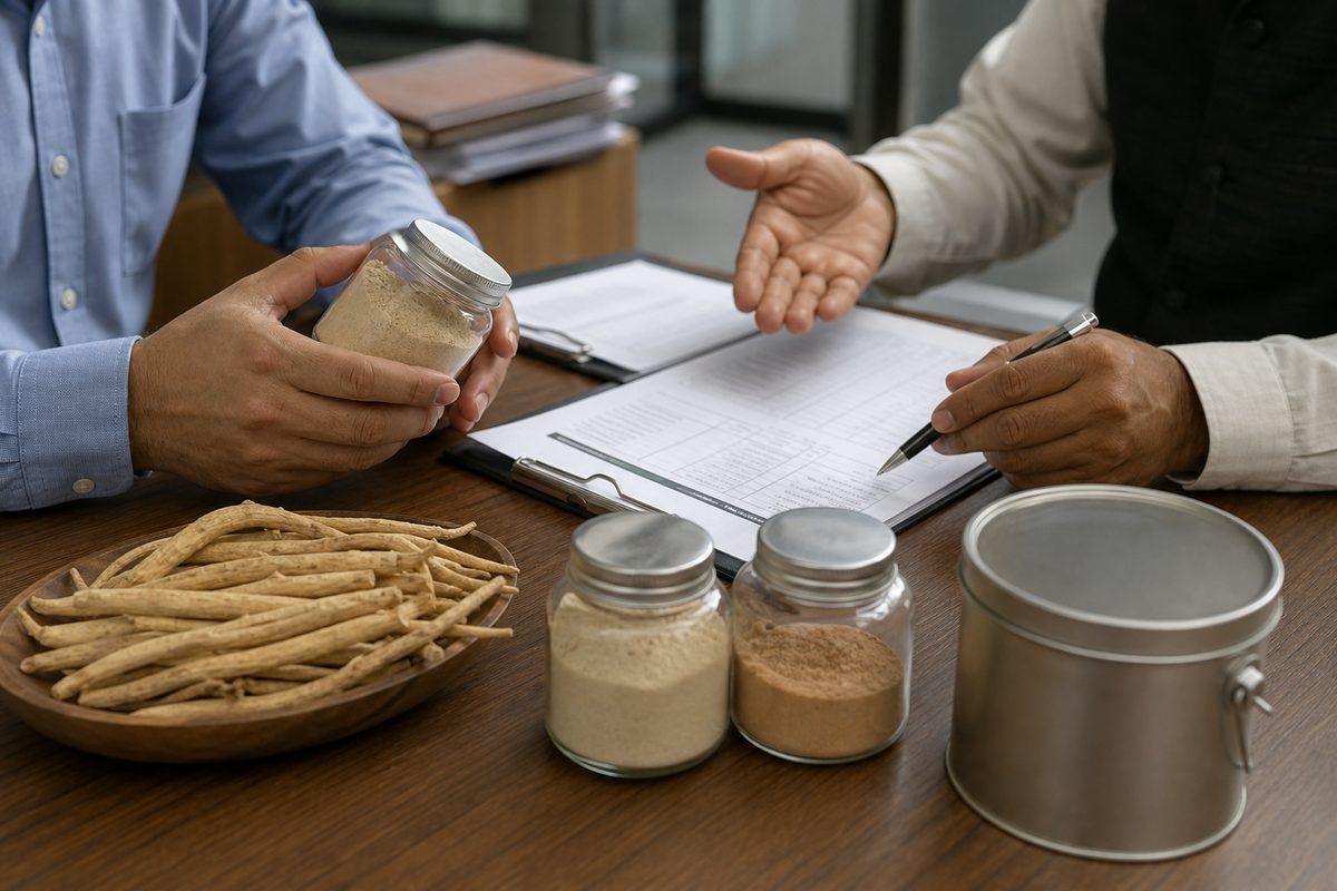 International buyer reviewing Indian shatavari powder samples, COA specs, and dated FOB terms with a merchant exporter
