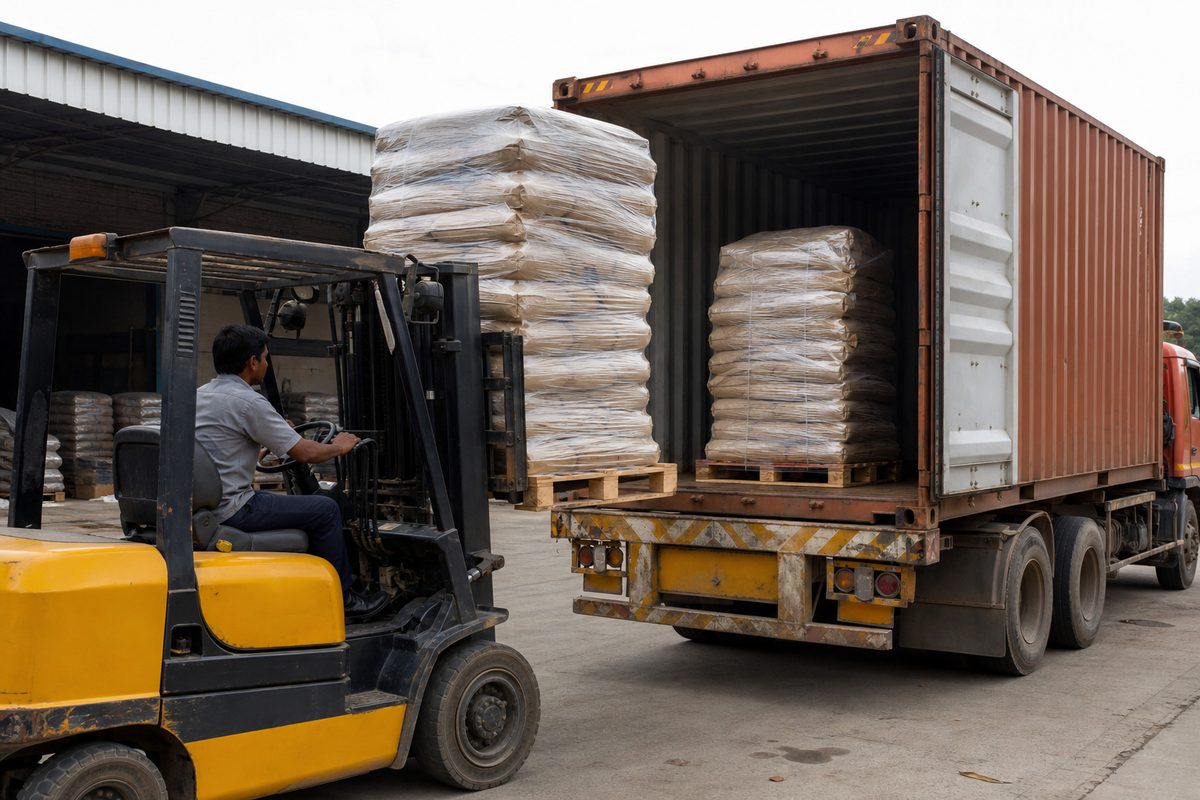 Forklift loading palletized Indian shatavari powder onto a truck for Mundra or Nhava Sheva port haul