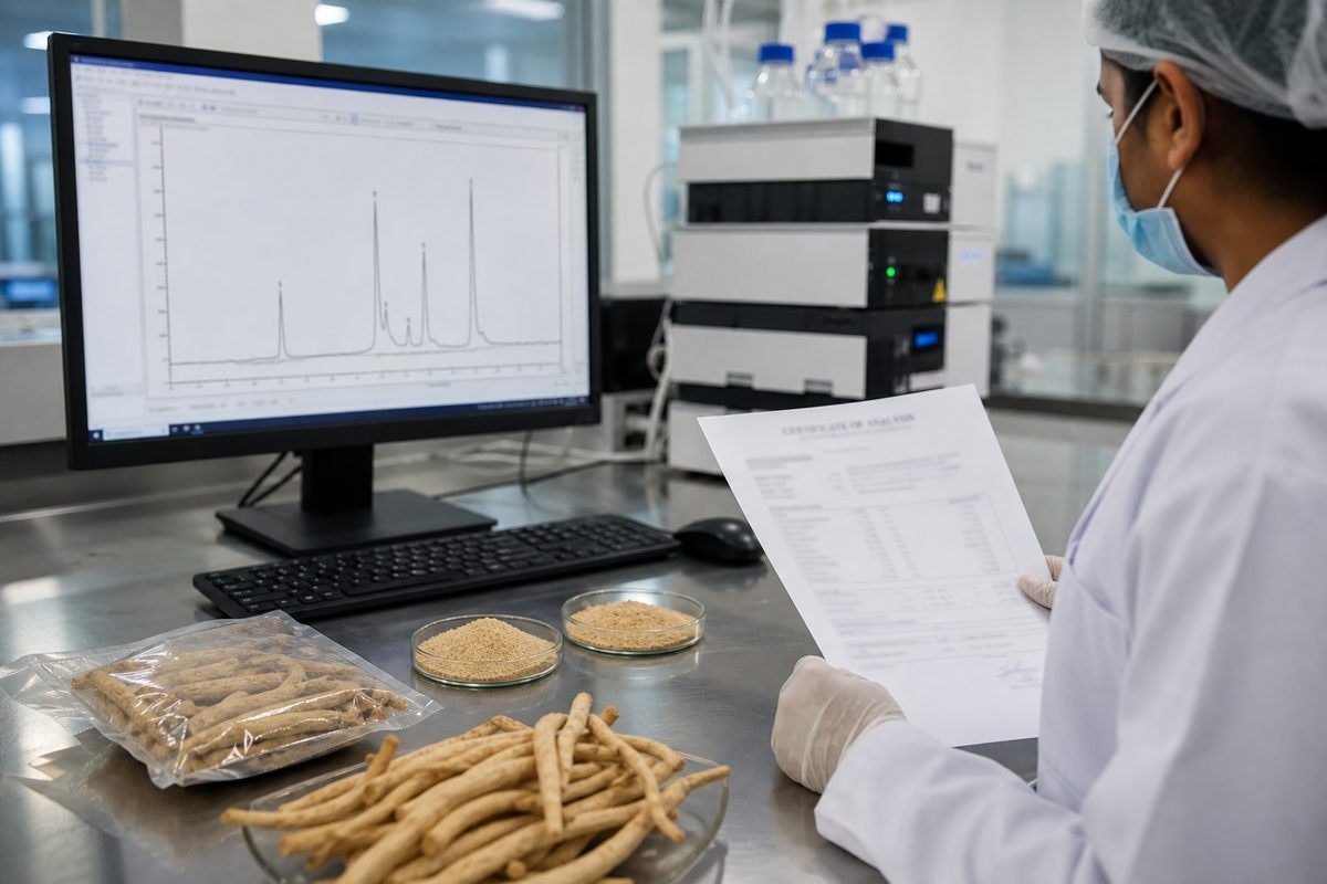 Laboratory Certificate of Analysis and HPLC review for Indian shatavari powder saponins, moisture, micro, and markers