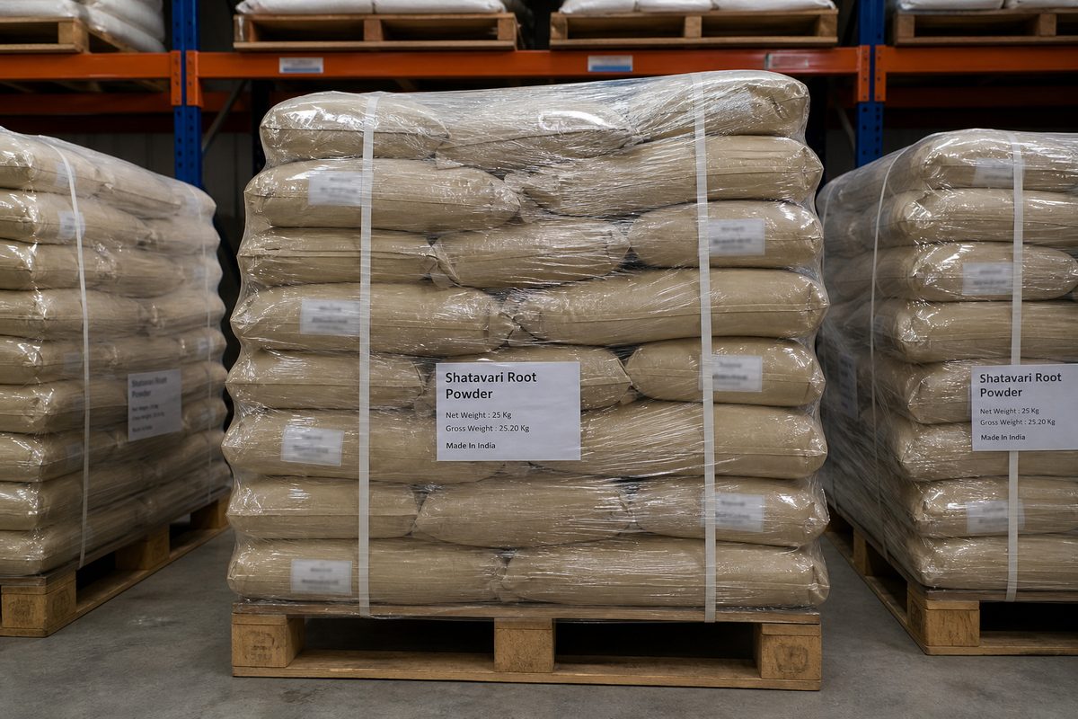 Palletized bags of Indian shatavari powder staged on dry warehouse racks before port dispatch