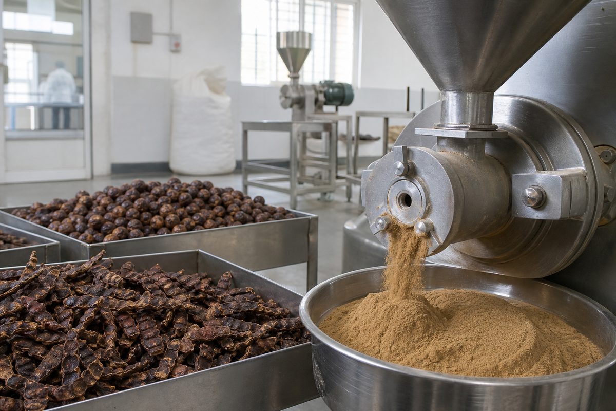 Shikakai pods and reetha soapnuts on stainless drying trays beside a milling line in an Indian export processing plant
