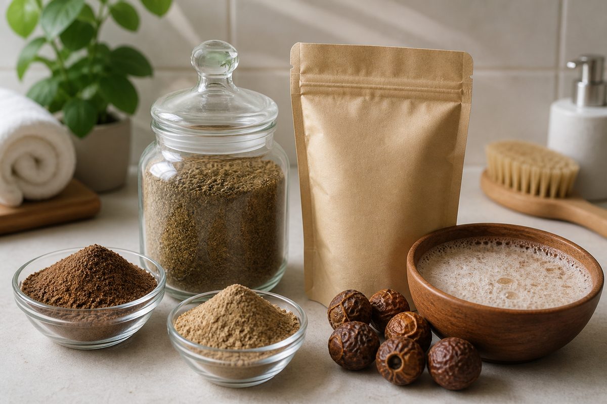 Shikakai and reetha hair-wash powders, whole soapnuts, natural cleanser foam, and plain private-label pouch for clean-beauty applications