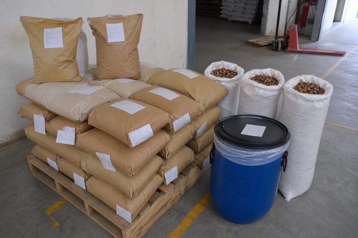 25 kg lined powder bags, woven whole soapnut packs, and a sealed HDPE extract drum staged on an export pallet