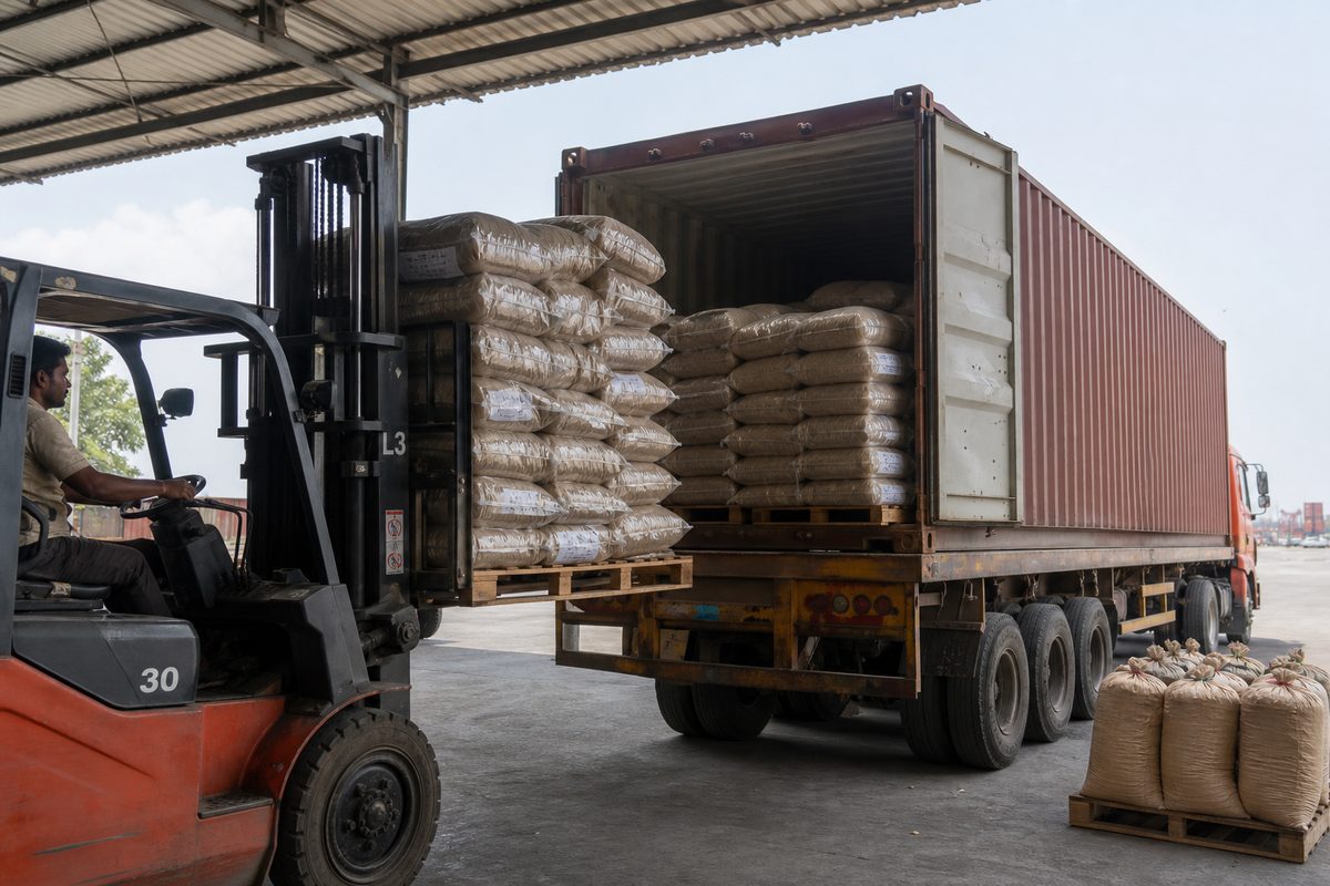 Forklift loading palletized shikakai and reetha powder bags onto a truck for Mundra or Nhava Sheva port haul