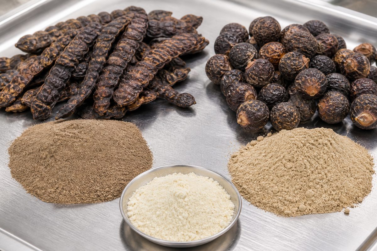 Dried shikakai pods, whole reetha soapnuts, brown shikakai powder, tan reetha powder, and cream saponin extract on a stainless export inspection tray
