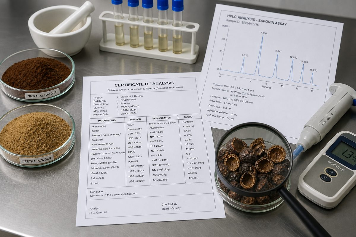 Certificate of Analysis, saponin HPLC chromatogram, and shikakai and reetha powder dishes under lab quality inspection