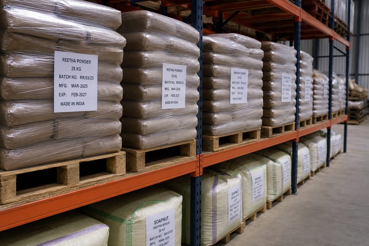 Stretch-wrapped pallets of Indian shikakai and reetha powder bags on dry export warehouse racks