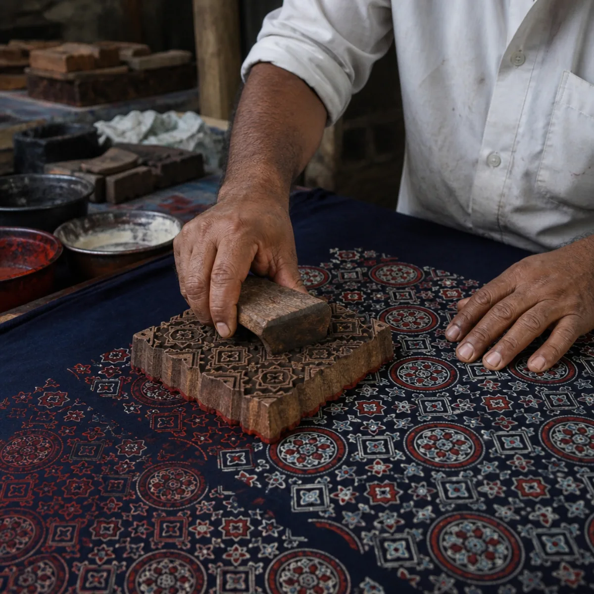 Craft-process illustration of an artisan printing Ajrakh-style geometry on mashru cloth. Made in the Kutch print tradition, Gujarat, India; not a GI-authorised product claim. Artisan in Kutch pressing a carved wooden block onto indigo mashru cloth