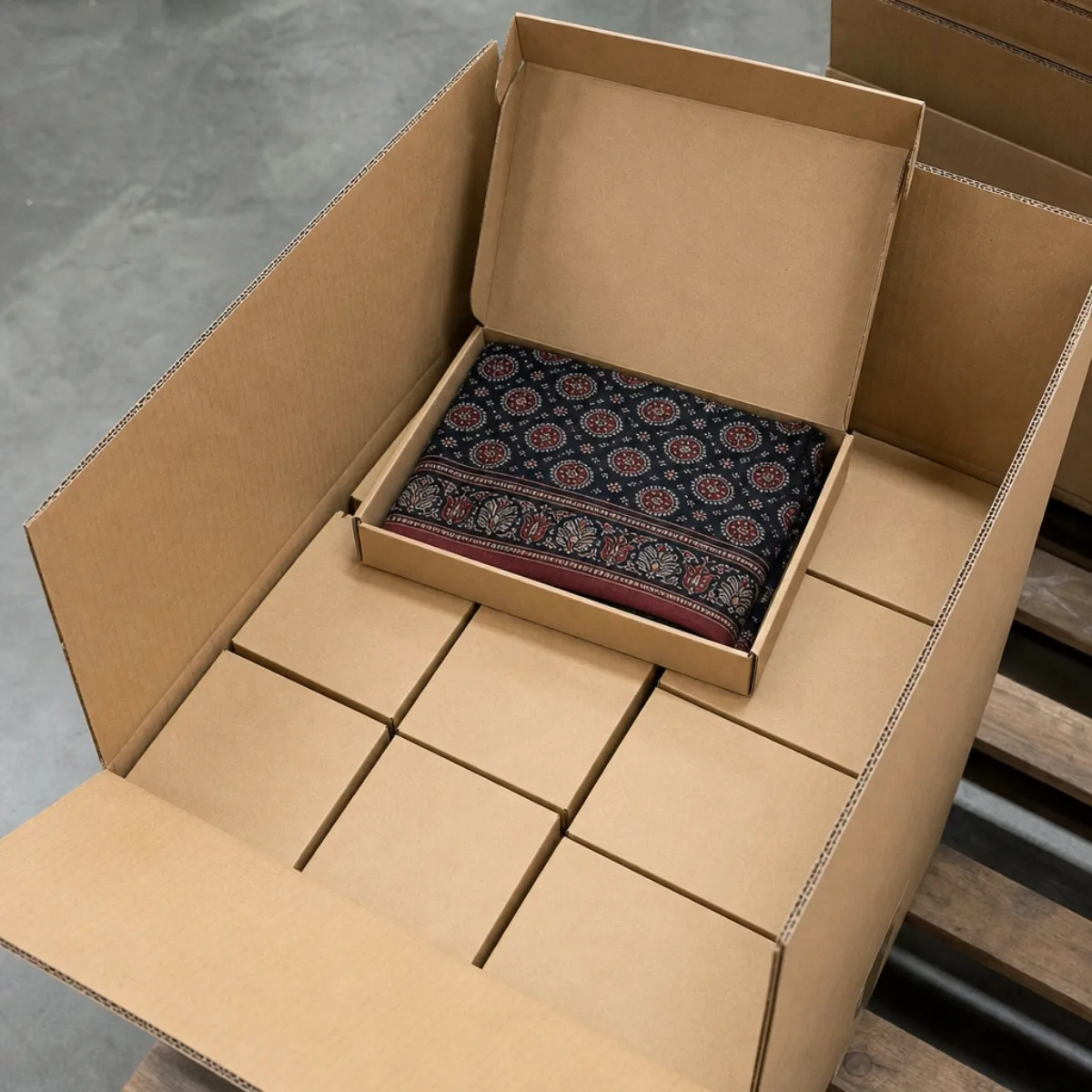 Export shipping carton with inner boxes of Ajrakh mashru stoles from India