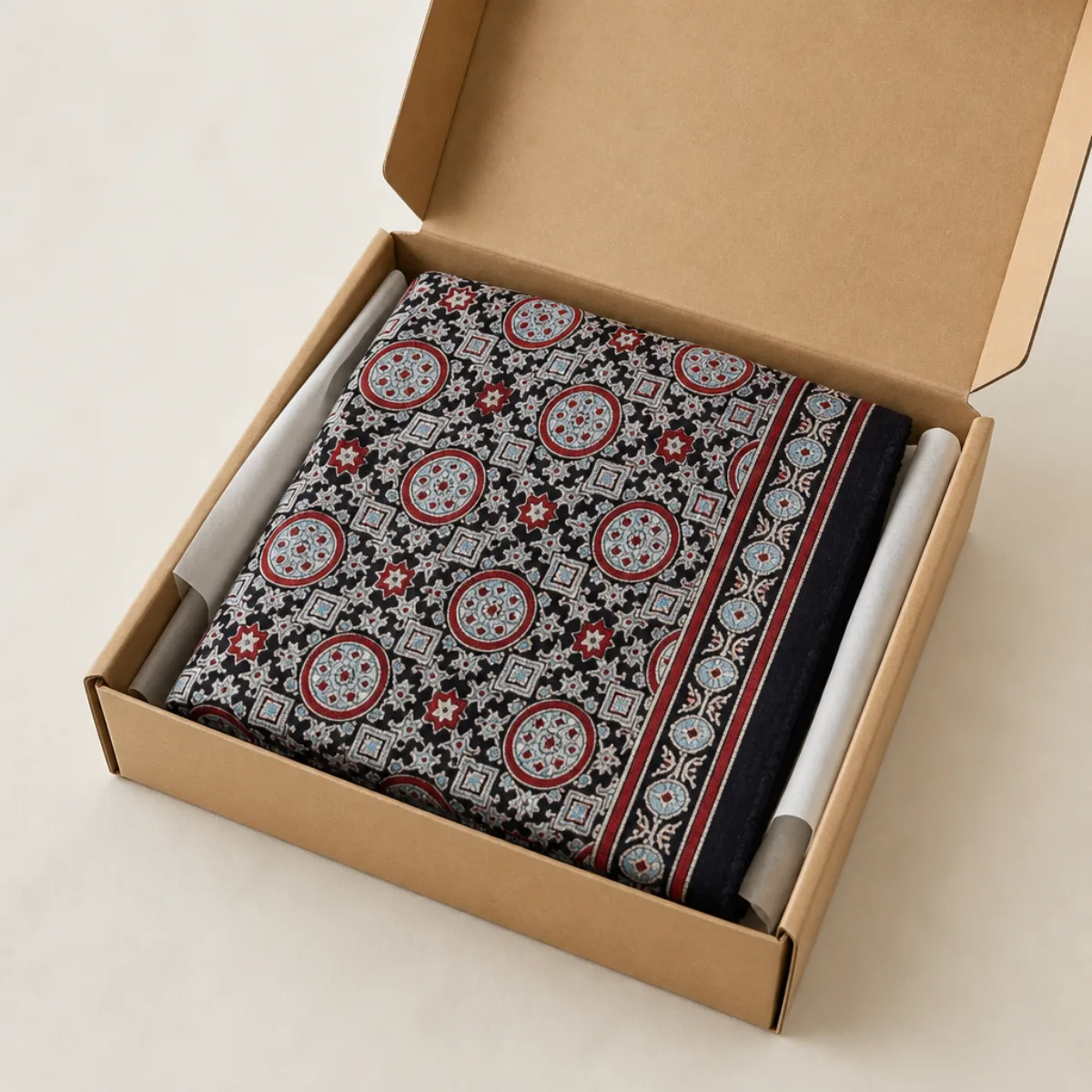 Ajrakh mashru stole folded in a kraft gift box with tissue for export