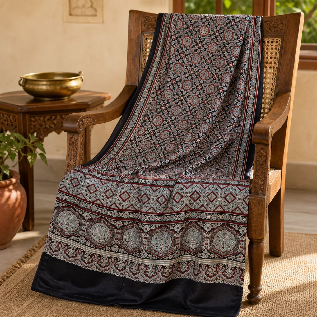 Ajrakh-style mashru stole draped over a teak armchair in an Indian living room