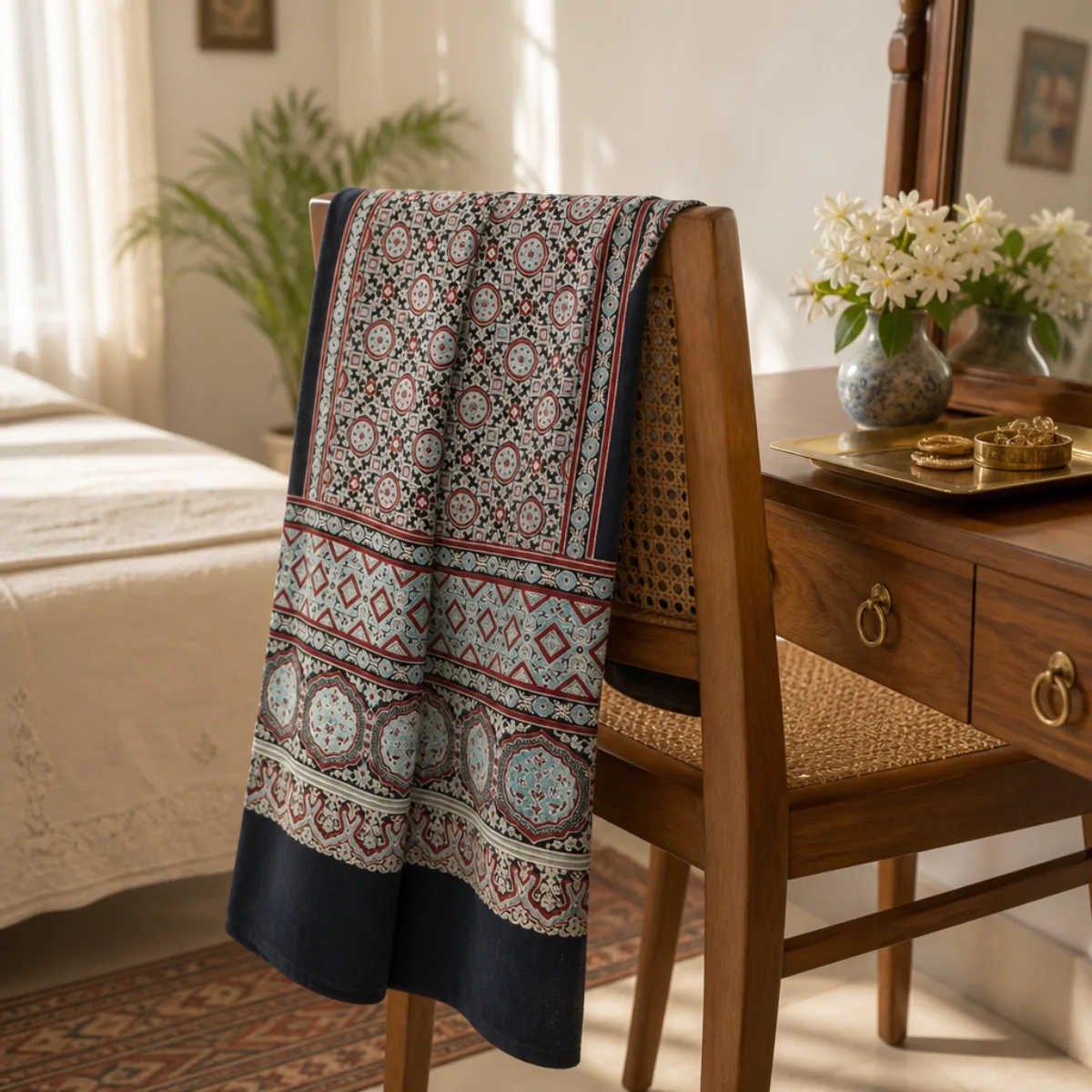 Ajrakh mashru stole folded over a cane chair in a bright Indian bedroom