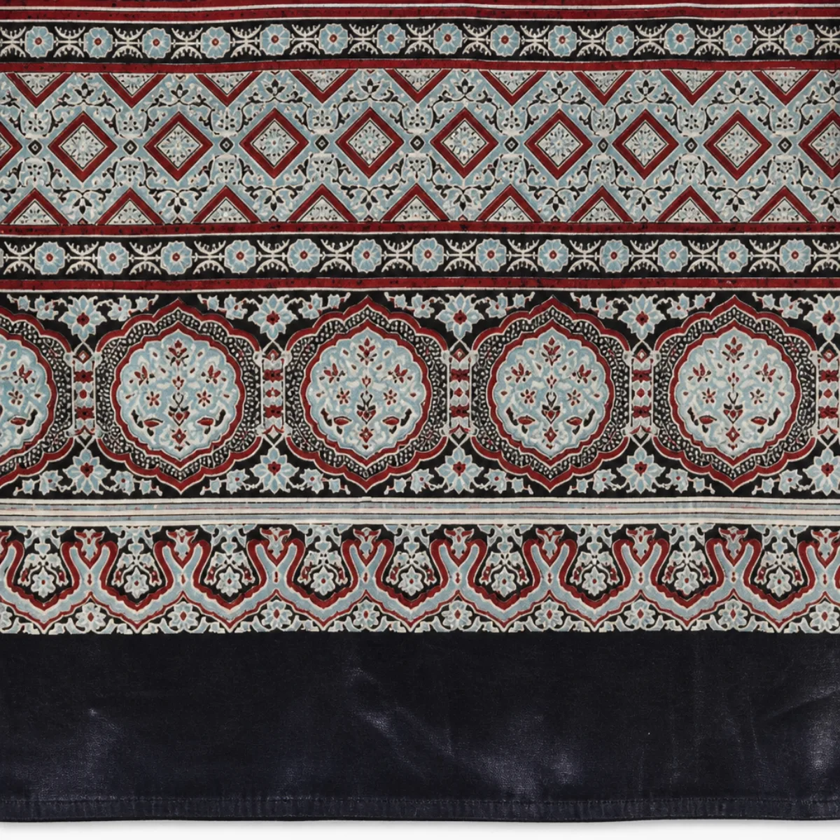 Close-up of the stole pallu with scalloped floral bands and a solid dark hem