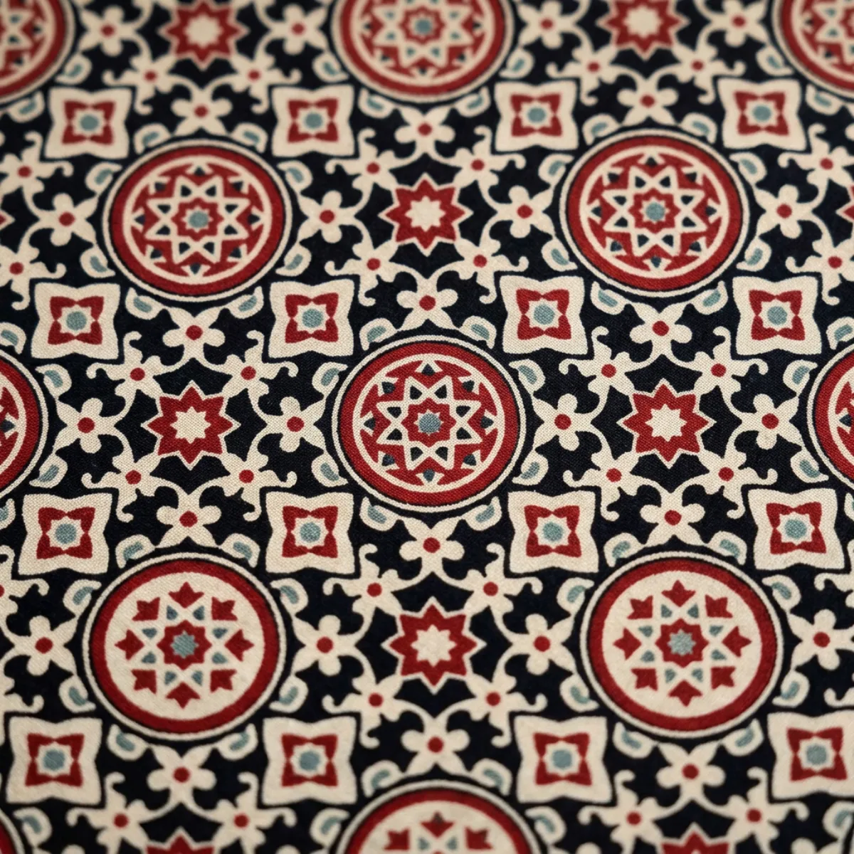 Close-up of Ajrakh-style circular medallions in madder red and cream on indigo mashru