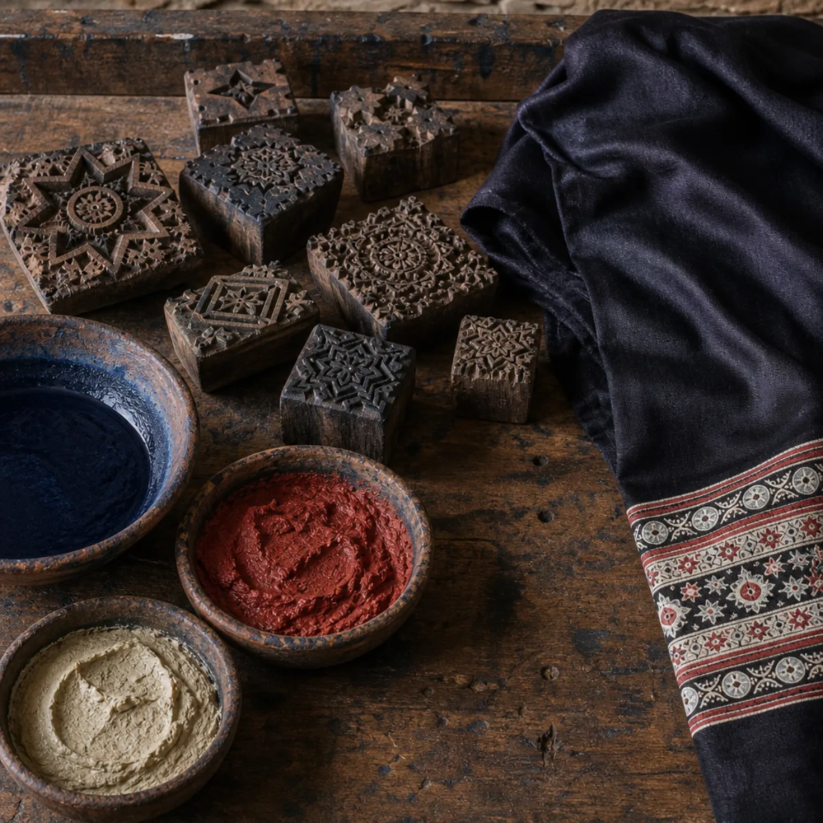 Carved wooden blocks and natural dye pastes used for Ajrakh-style printing