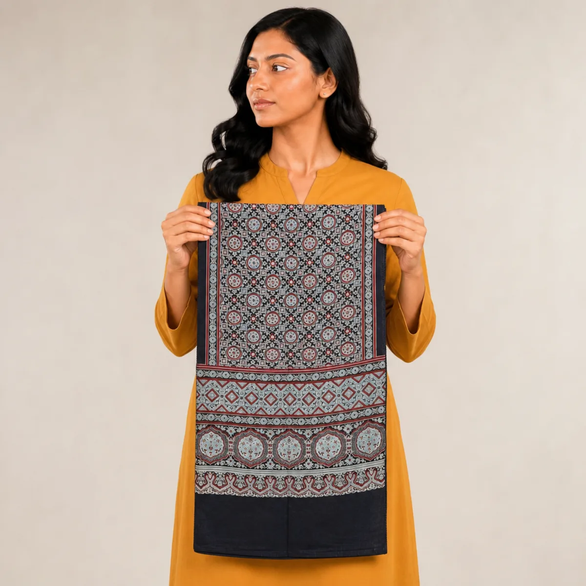 Person holding a folded Ajrakh mashru stole to show 56 cm width