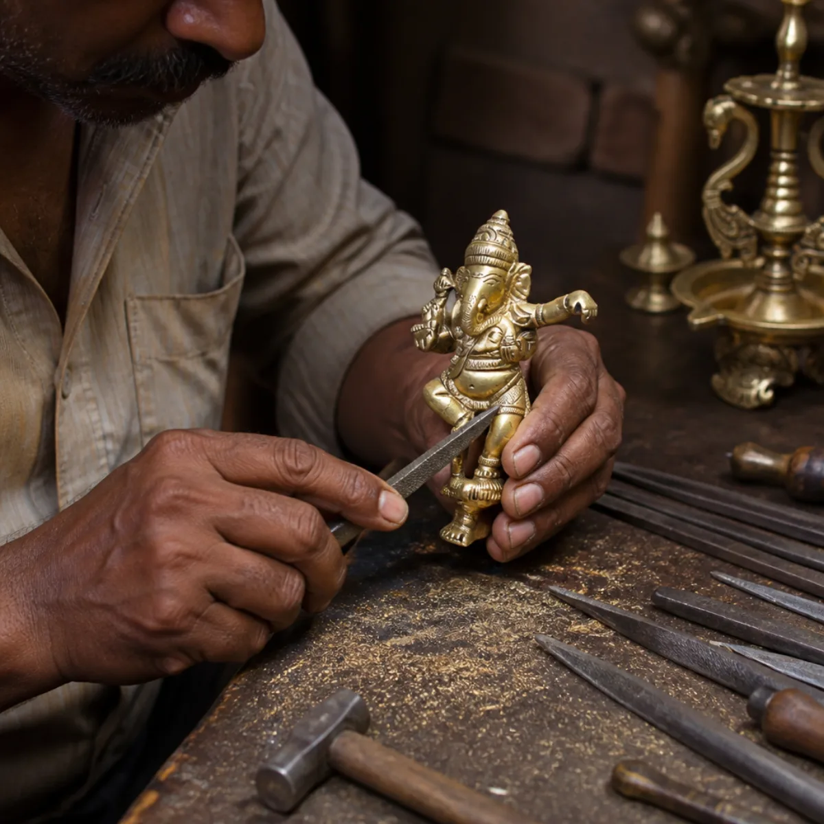 Craft-process illustration of an artisan chasing a brass dancing Ganesha. Made in the Moradabad brass craft belt, Uttar Pradesh, India; not a GI-authorised product claim. Artisan in a Moradabad workshop chasing a handmade brass dancing Ganesha diya