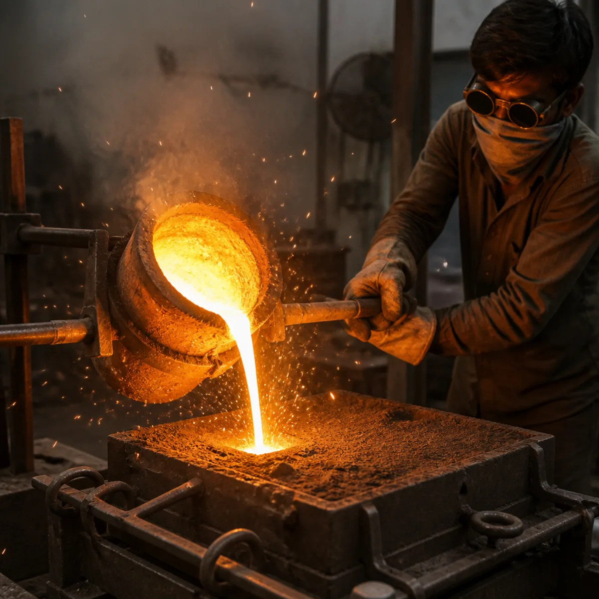 Brass being cast in a sand mould in an Indian metal handicraft workshop