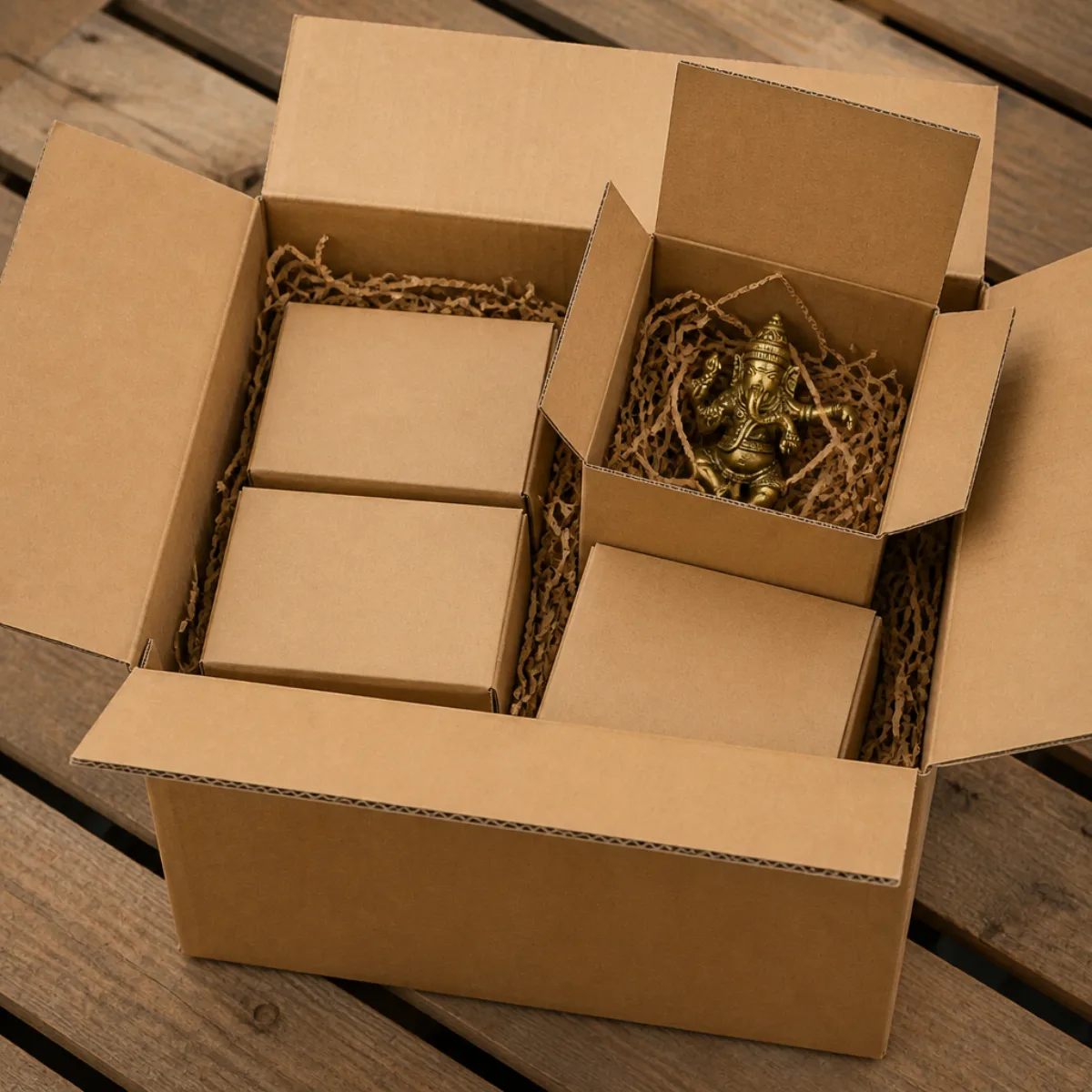 Export shipping carton with inner gift boxes of brass dancing Ganesha diyas from India