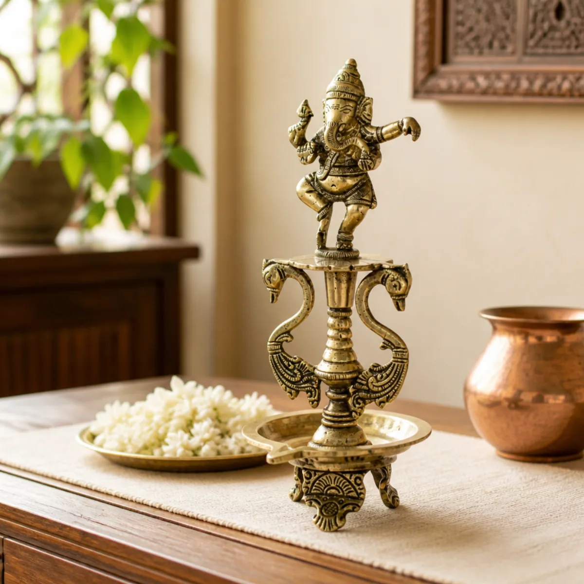 Handmade brass dancing Ganesha diya on a teak console with jasmine, antique gold from India