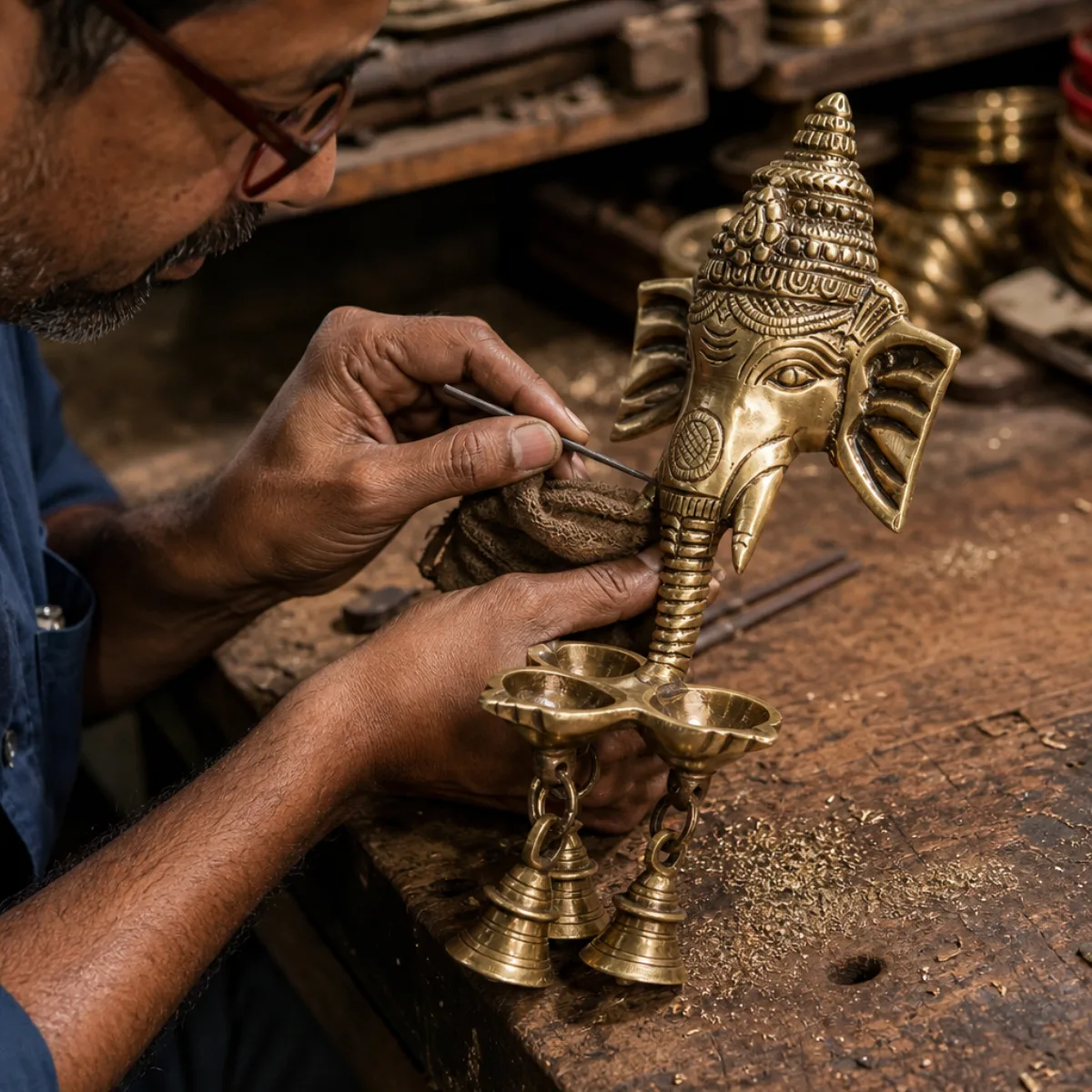 Artisan chasing a handmade brass Ganesha deepak wall hanging in a workshop