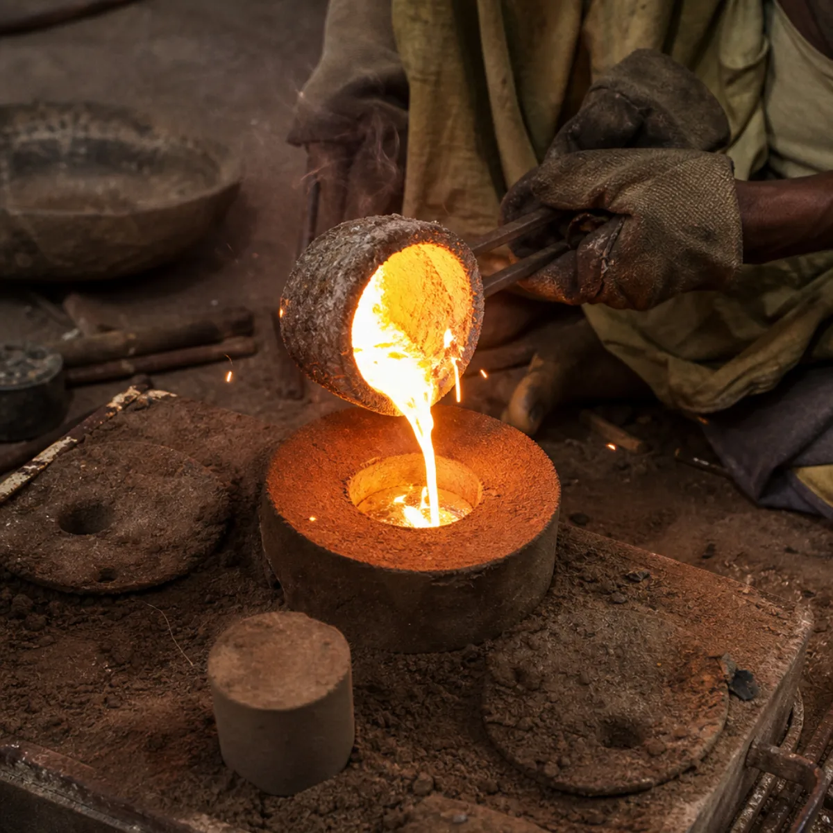 Brass being cast in a sand mould in an Indian metal handicraft workshop