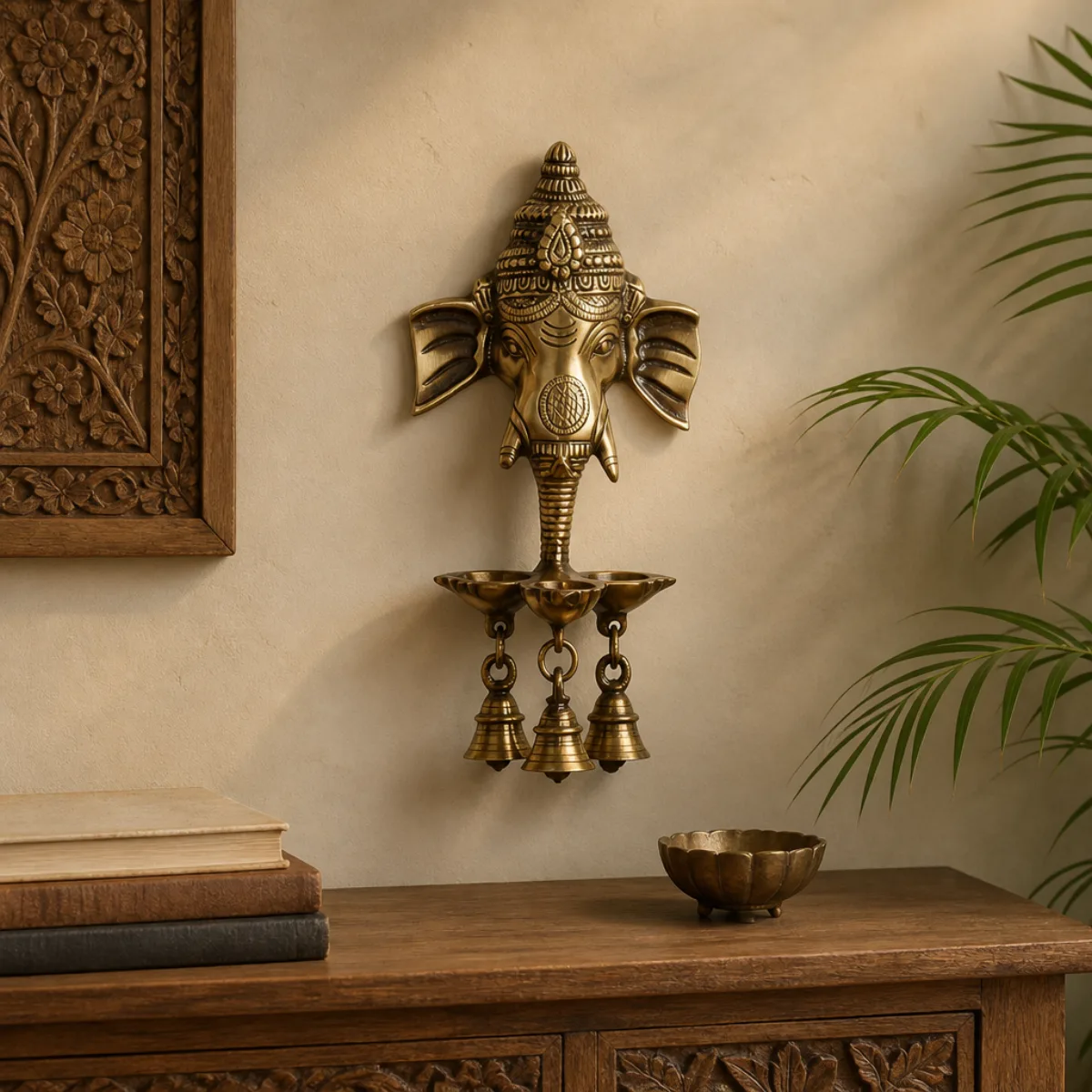 Brass Ganesha deepak wall hanging used as entry-wall décor above a teak console