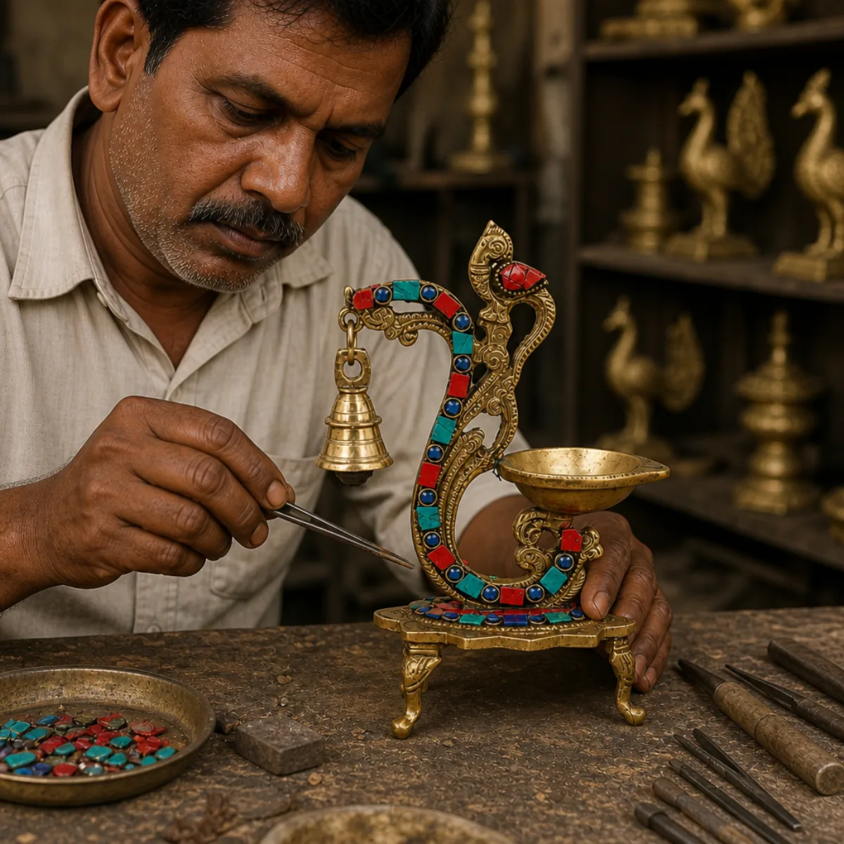 Craft-process illustration of an artisan setting decorative stones into a brass peacock diya. Made in the Moradabad brass craft belt, Uttar Pradesh, India; not a GI-authorised product claim. Artisan in a Moradabad workshop setting colored stones into a handmade brass peacock diya
