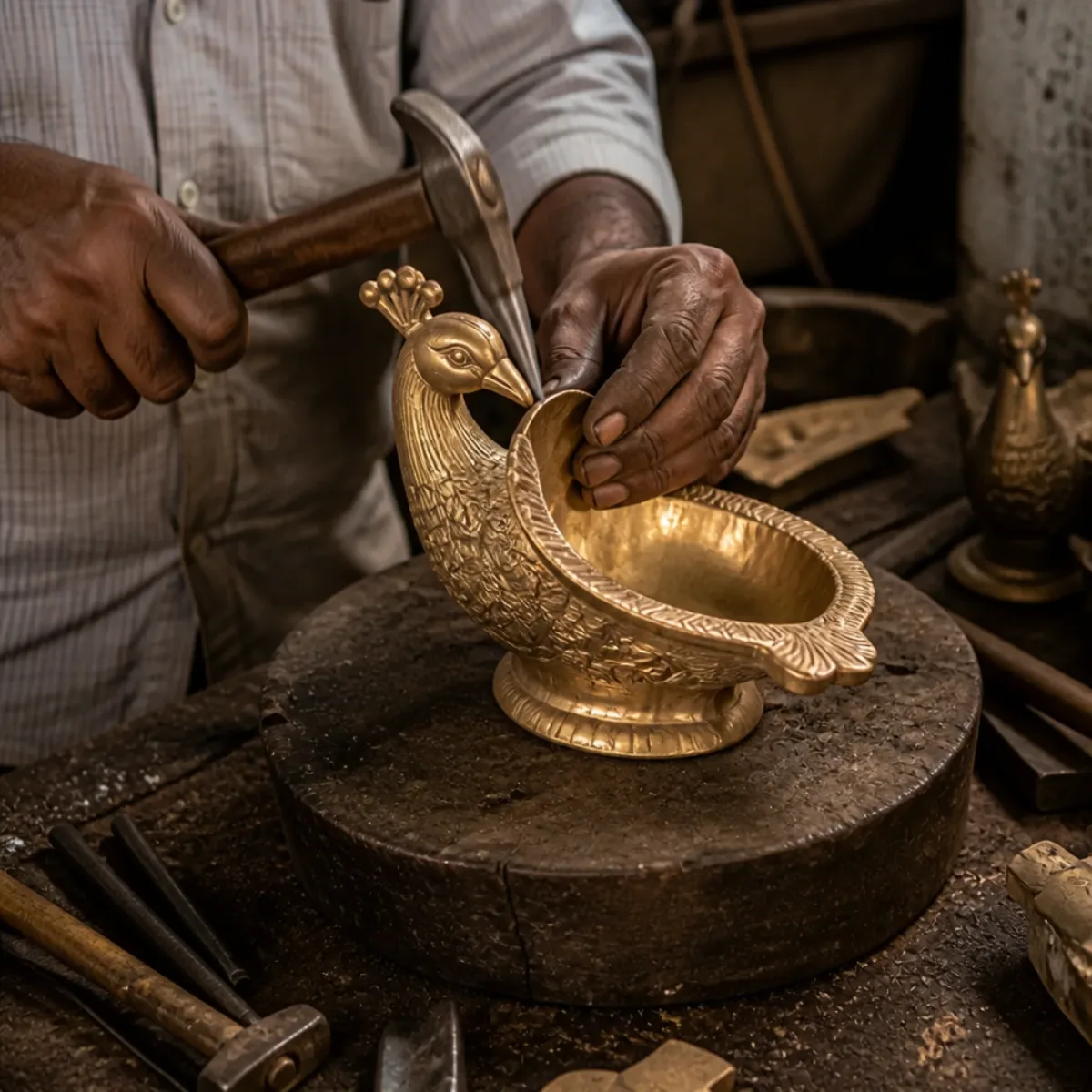 Brass being cast in a sand mould in an Indian metal handicraft workshop