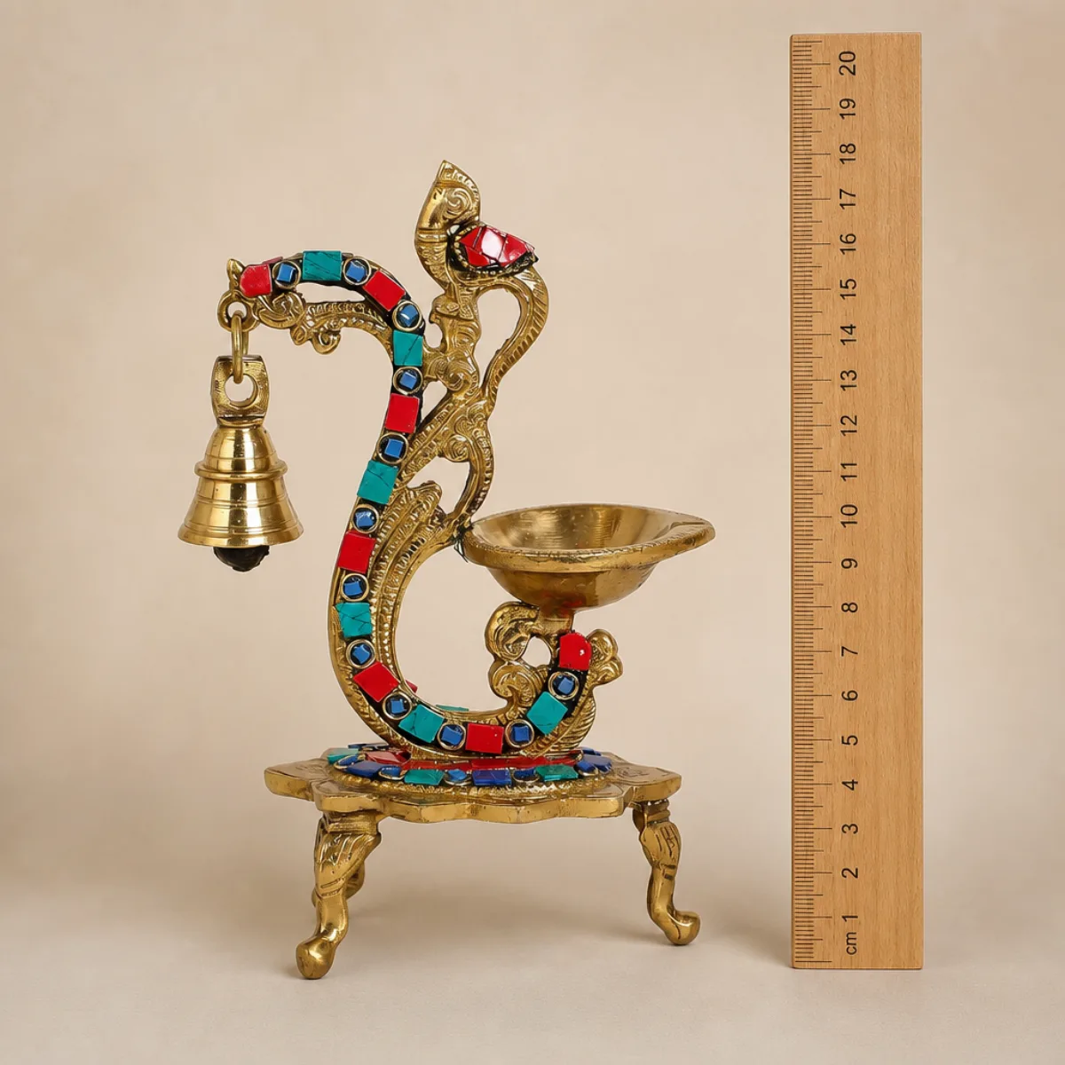 Brass peacock gemstone diya size about 20 cm high / 8 in