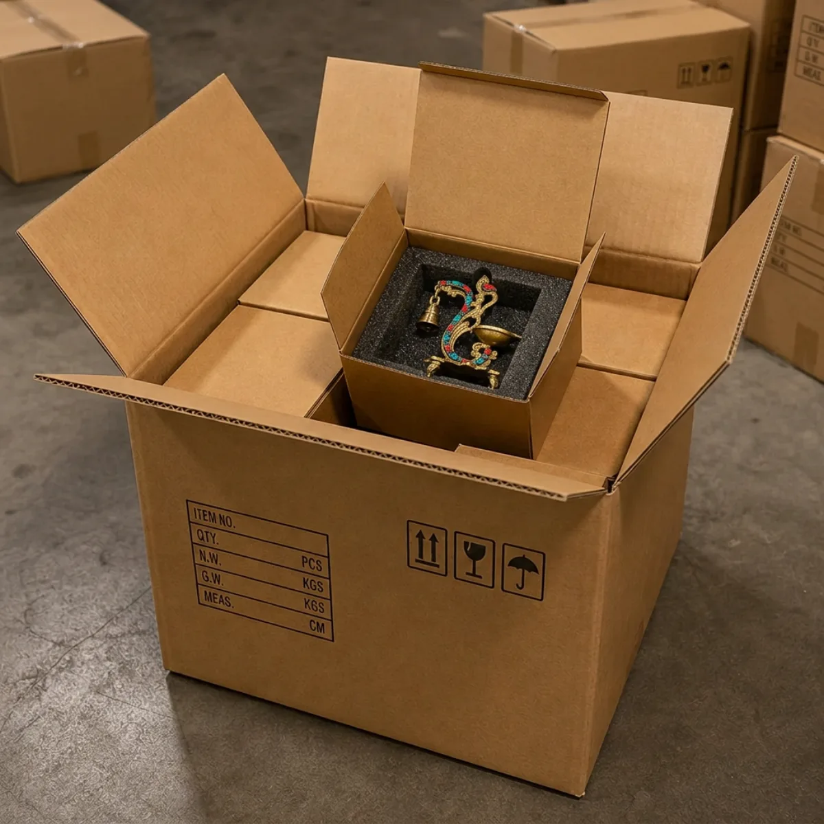 Export shipping carton with inner gift boxes of brass peacock gemstone diyas from India
