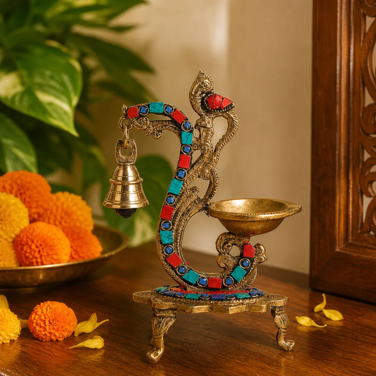 Brass peacock gemstone diya used as bookshelf décor among books