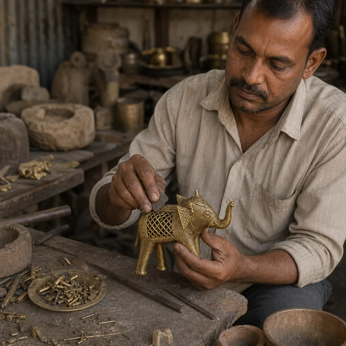 Artisan finishing a handmade Dhokra brass elephant in a workshop