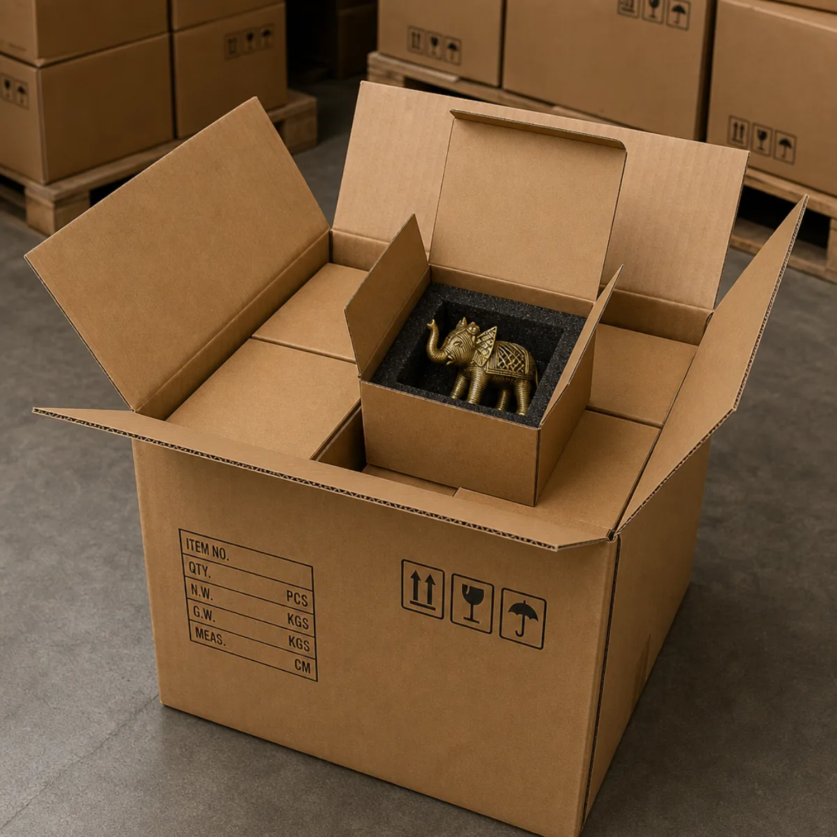 Export shipping carton with inner gift boxes of Dhokra brass elephant showpieces from India