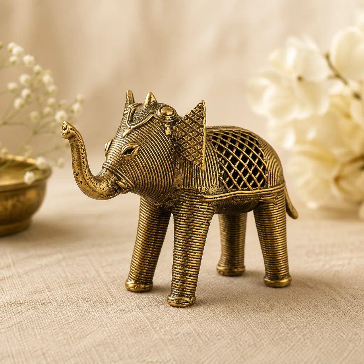 Handmade brass Dhokra elephant showpiece on linen, antique gold coiled-wire tribal metalwork from India