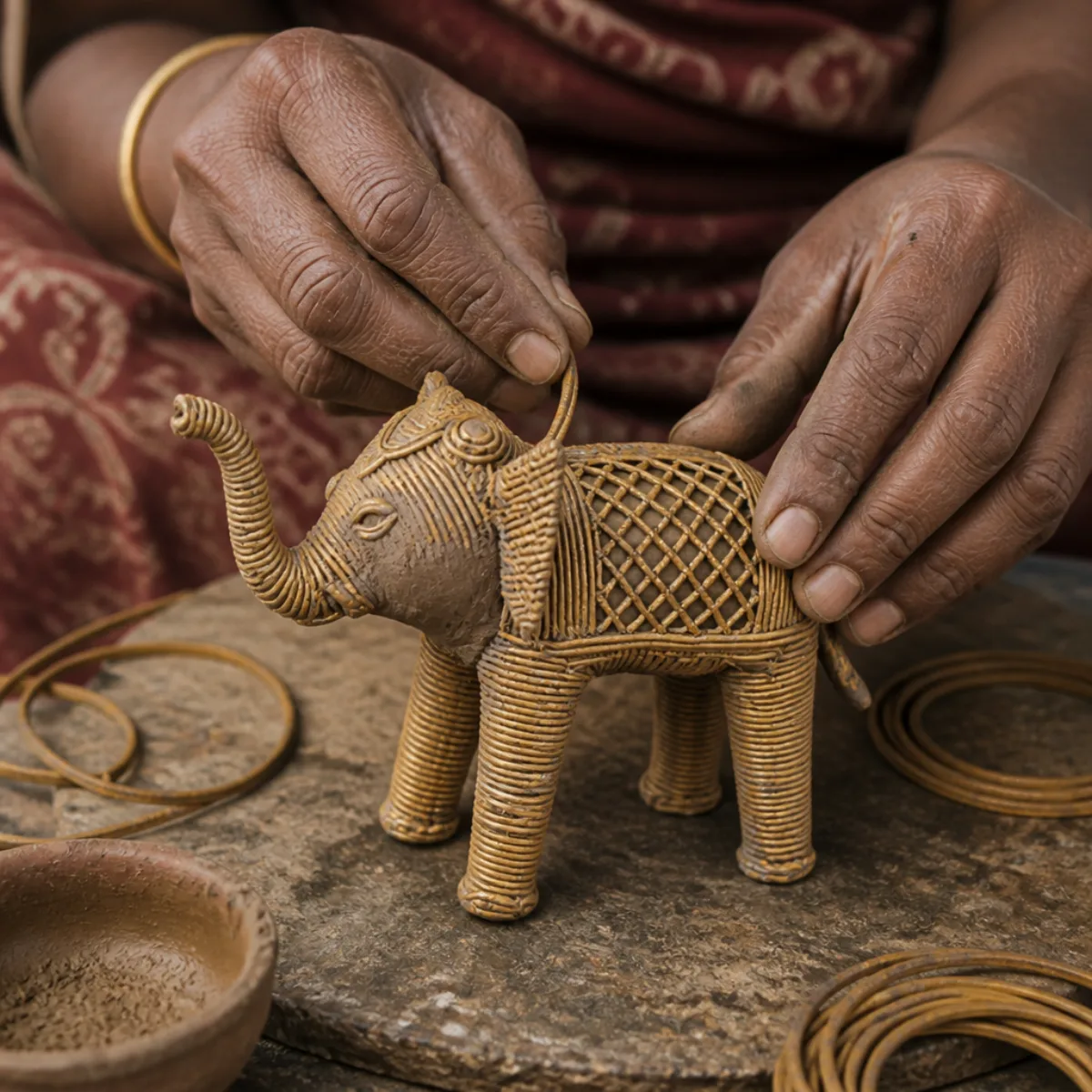 Beeswax coils being wrapped on a clay core for Dhokra lost-wax casting of an elephant