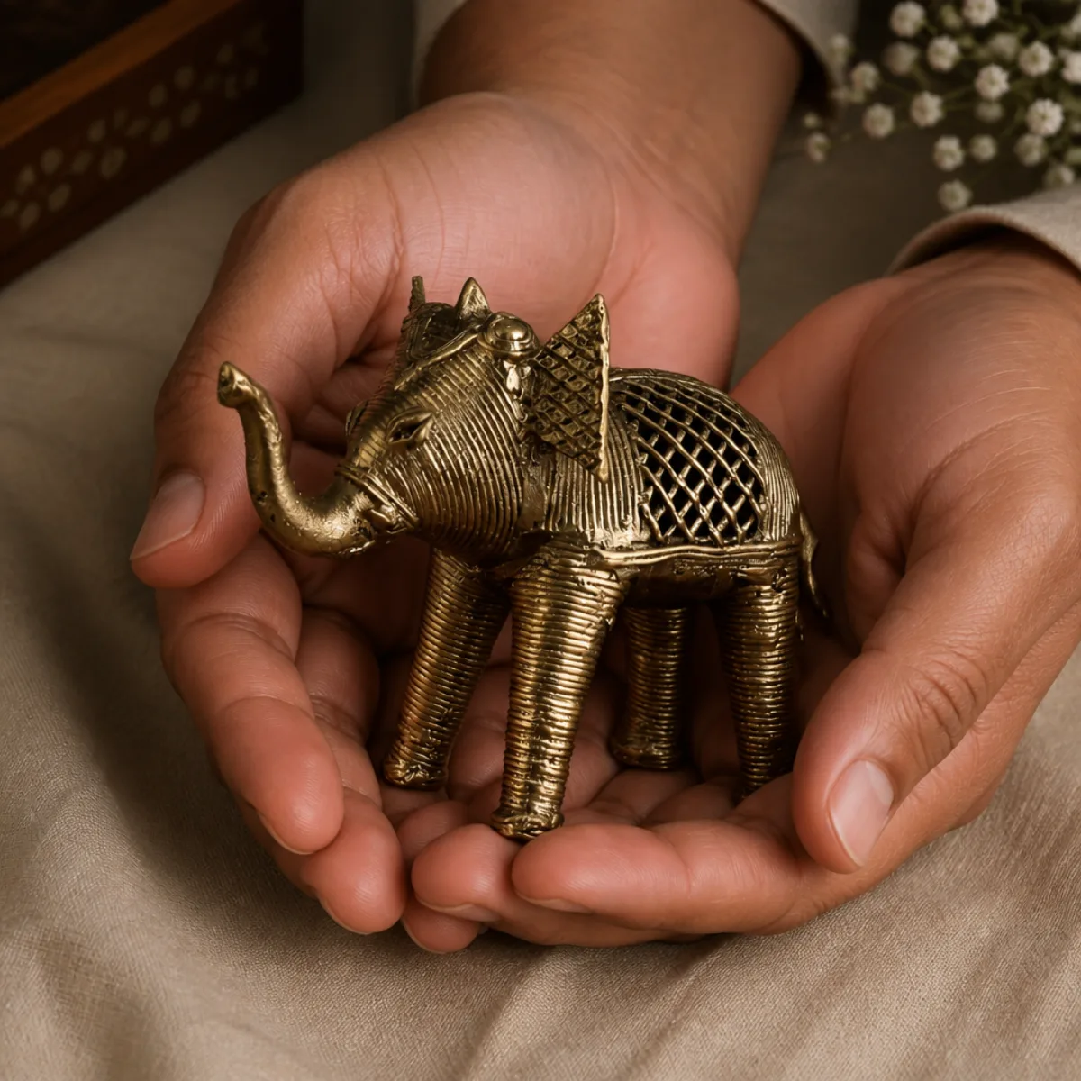 Hands holding an 11 cm handmade Dhokra brass elephant to show scale
