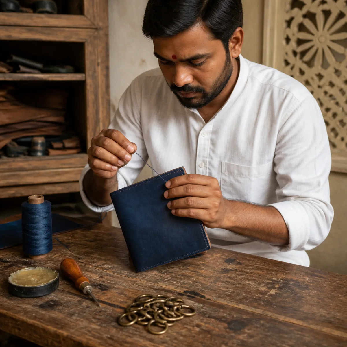 Artisan stitching a navy-blue leather journal spine in a Rajasthan workshop