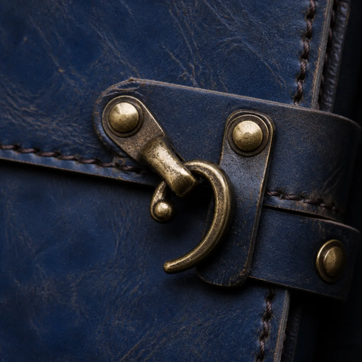 Close-up of antique brass C-hook clasp on a navy-blue leather journal strap