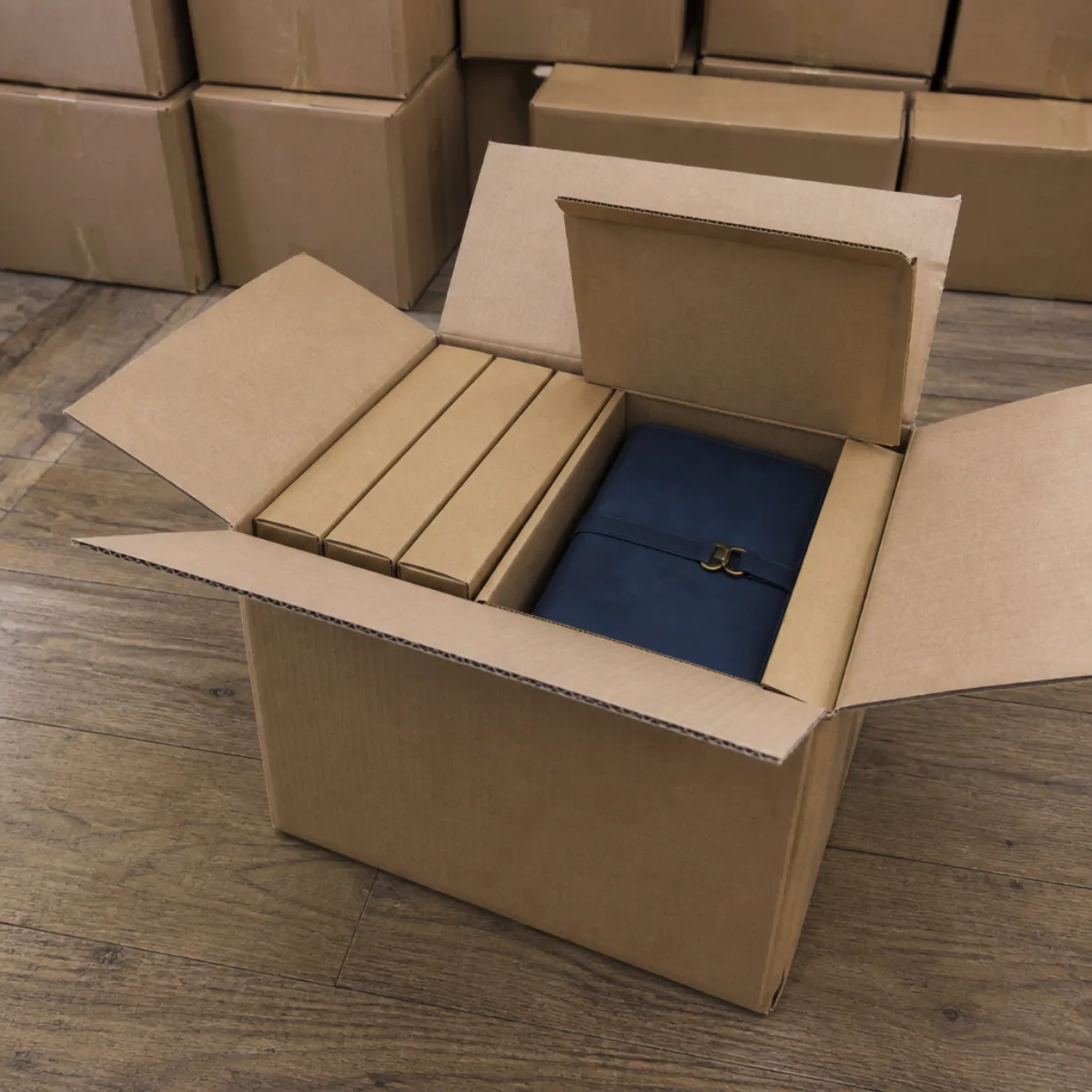 Export shipping carton with inner boxes of handmade blue leather journals from India